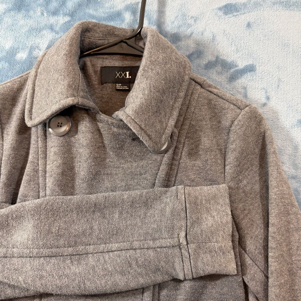 Forever 21 Women Small Gray Pea Coat Double Breasted Fleece Jacket Ribbed Collar